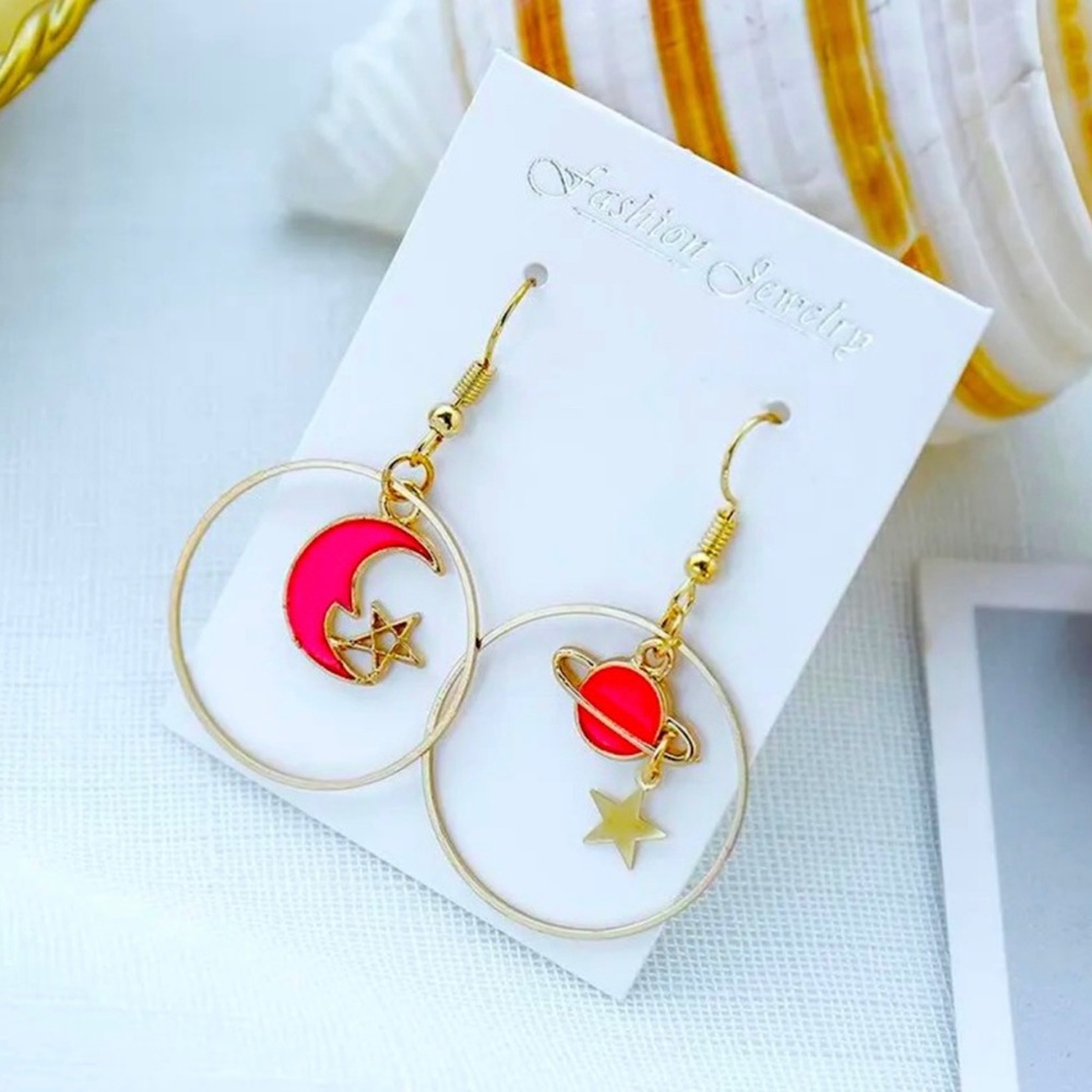 Lunar Stars & Planets Earrings W/ Fishhook Hot Pink & Gold Metal Alloy NWOT